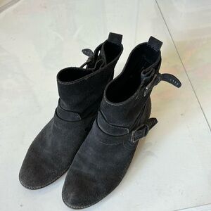 Dolce Vida. Dark grey suede boots. Women 7.5. Two straps. Low heel, .75”